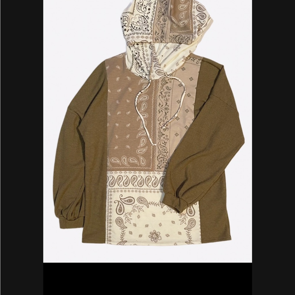 “NEW” 
Unisex Paisley print Hoodie in Khaki/Light Olive color palette